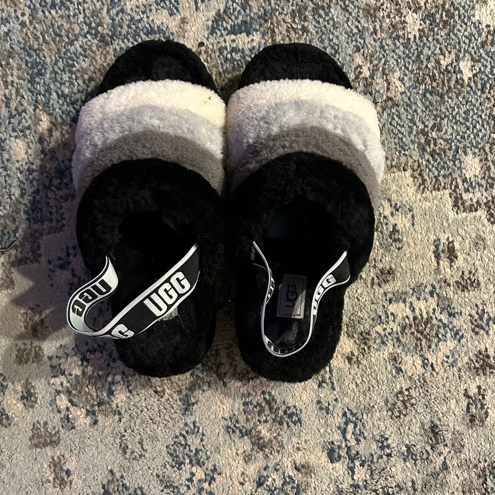 UGG Black and Gray Fluffy Slippers